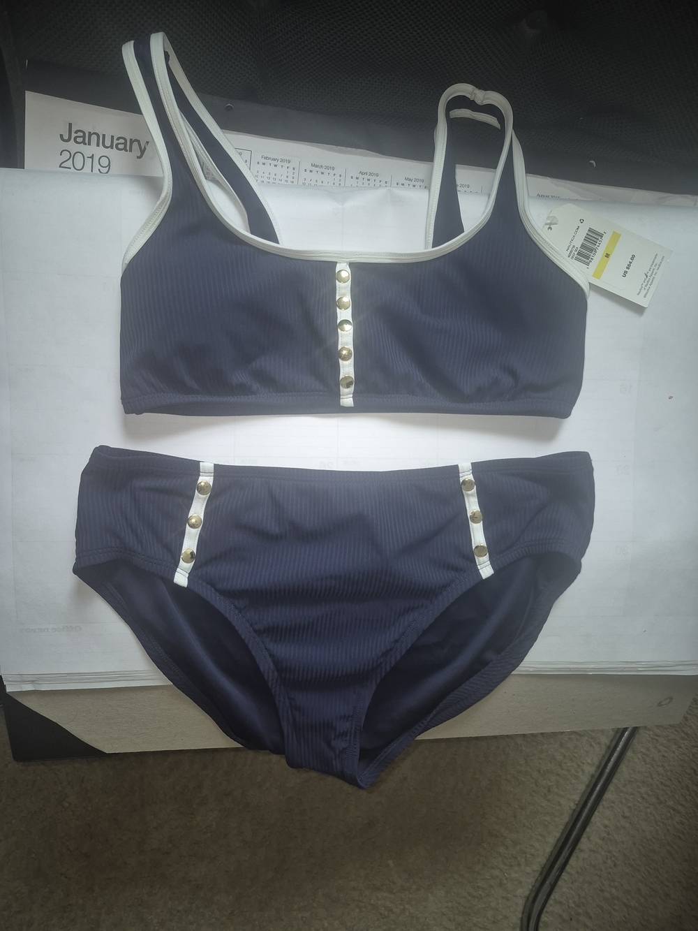 Nautica Navy Blue Ribbed Two-Piece Bikini with White Trim and Gold Toned Buttons